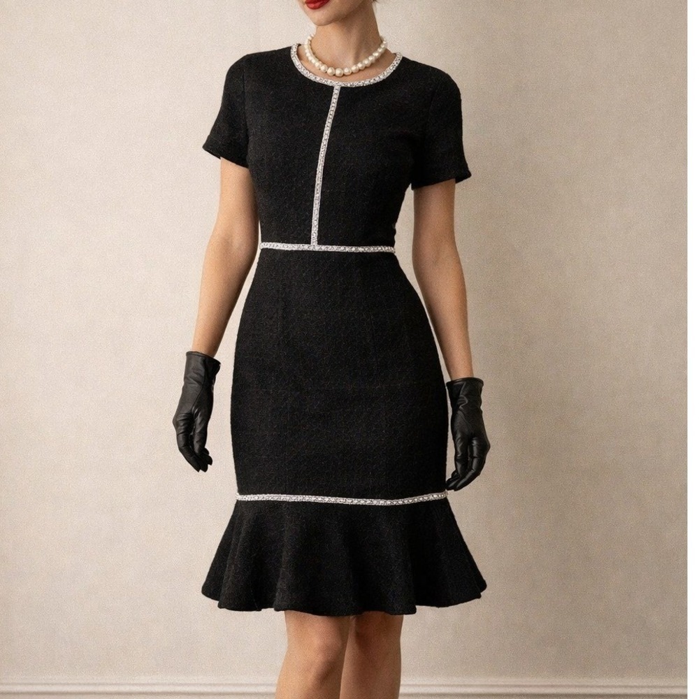Ann Taylor Black Contrast Trim Peplum Tweed Ruffle Hem Dress Women's Size 0